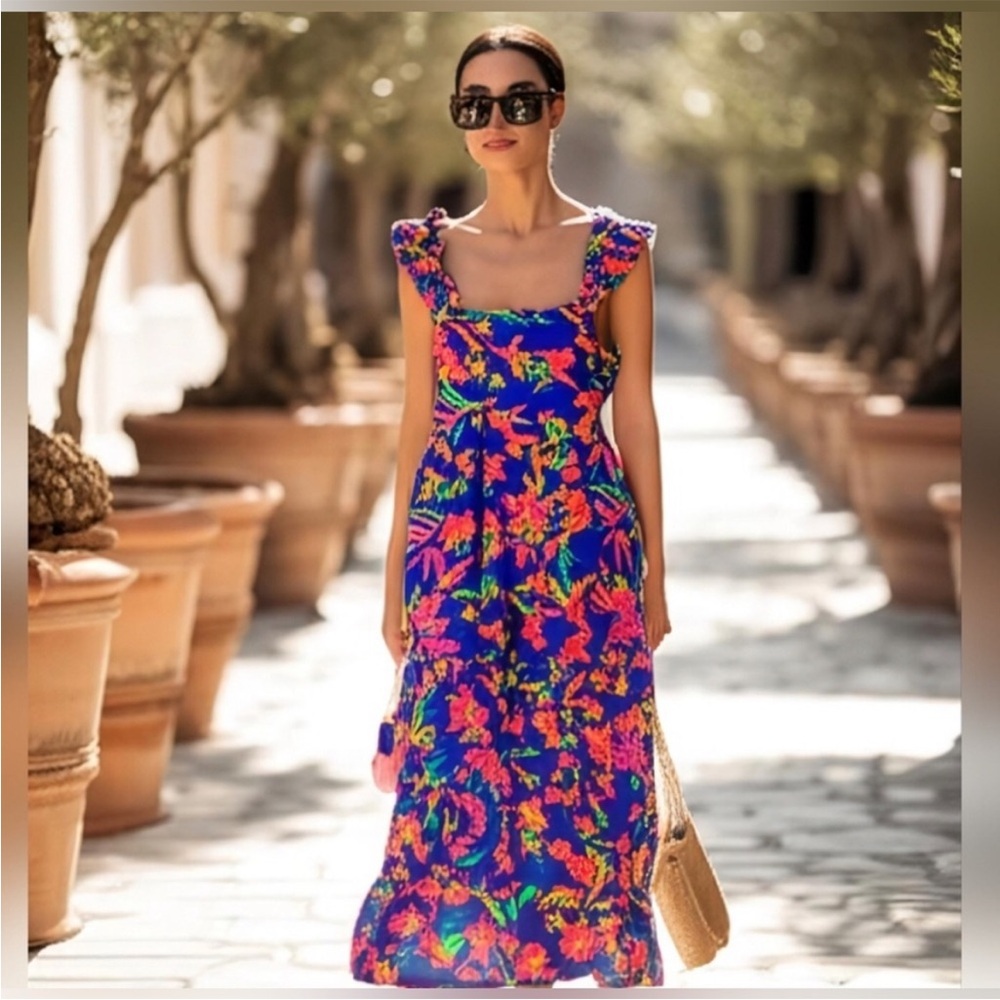 J. Crew Vibrant Blue and Pink Floral Maxi Dress
